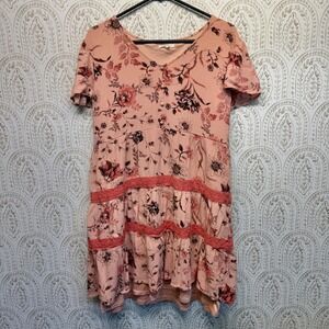Maurices Floral Babydoll Dress XXL Pink Coral Tiered Lace Trim Short Sleeve Boho